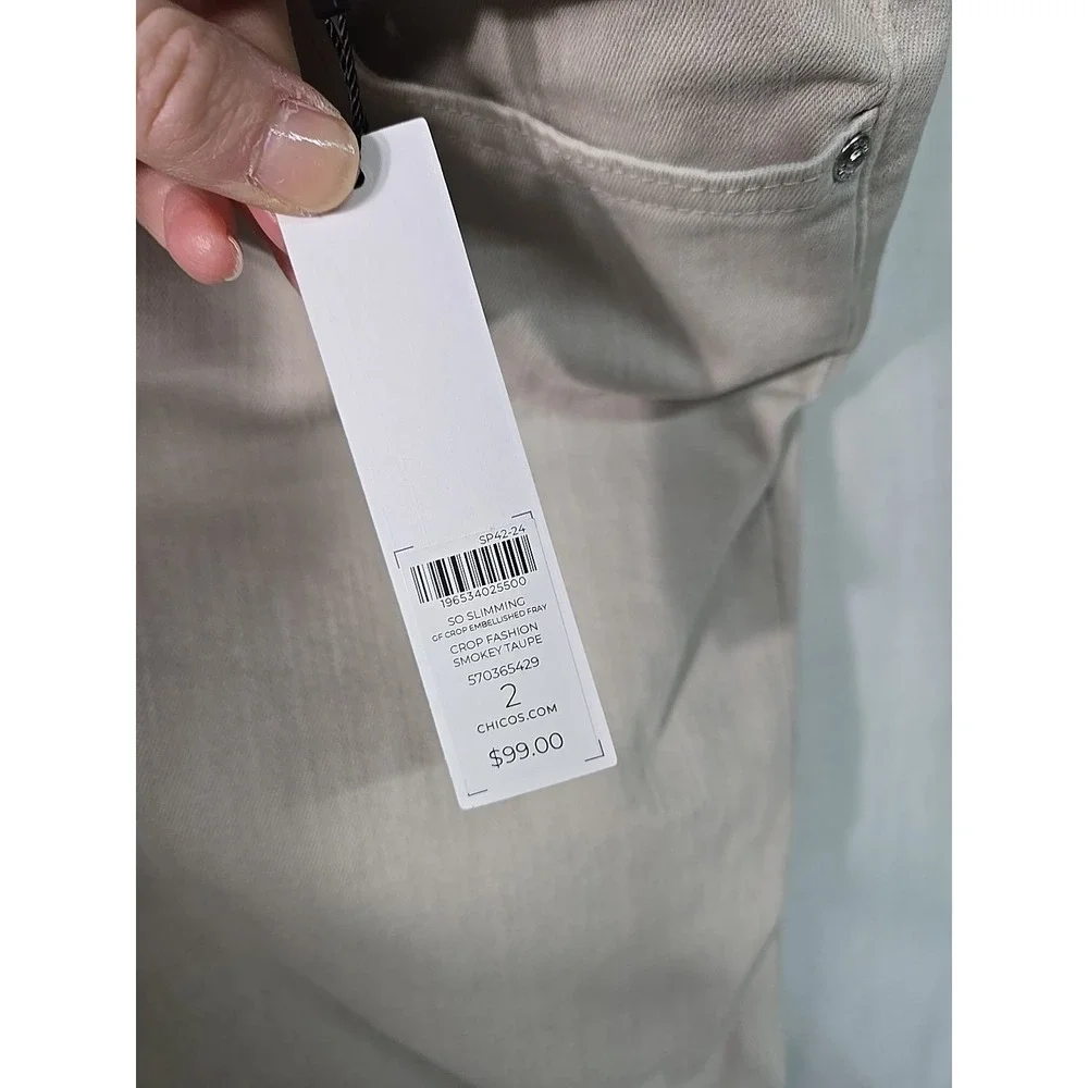 NWT Chicos So Slimming Girlfriend Slim Leg Crop Taupe Women's 2 (12) Fringe Trim